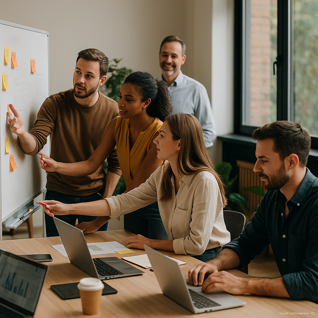 Équipe professionnelle en pleine collaboration autonome, sous l’œil confiant de leur manager
