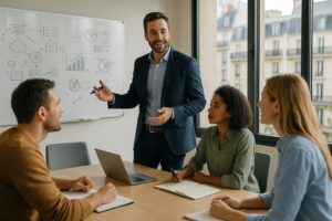 Manager en coaching d'équipe animant une réunion de travail collaborative pour améliorer la performance collective.