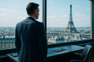 Coaching pour dirigeant - Un leader en réflexion stratégique observant la ville depuis son bureau.