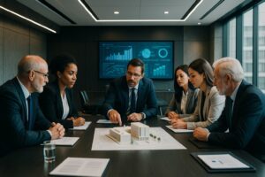 Équipe de direction en séminaire de cohésion, élaborant la stratégie d'entreprise avec l'aide d'un coach professionnel.