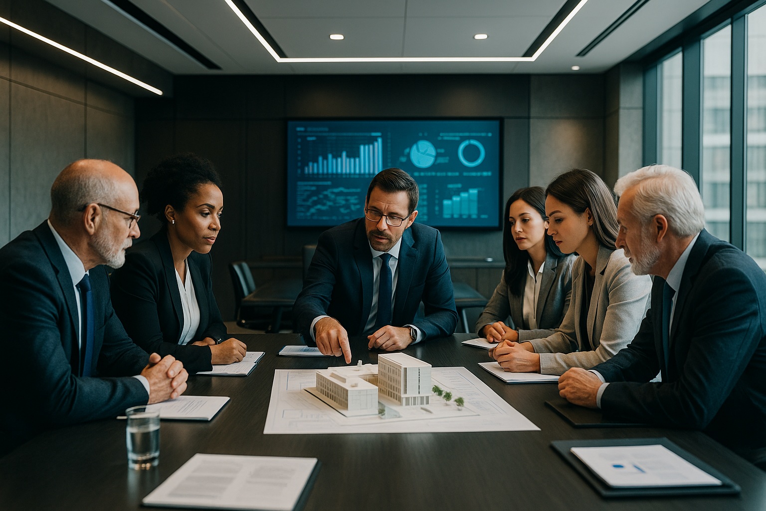 Équipe de direction en séminaire de cohésion, élaborant la stratégie d'entreprise avec l'aide d'un coach professionnel.