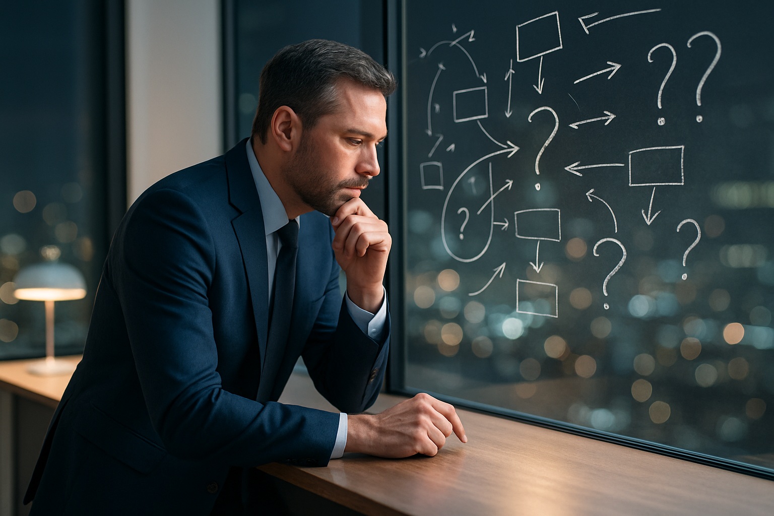 Un dirigeant d'entreprise analyse des questions stratégiques sur un tableau en verre, trouvant des réponses claires dans la FAQ de Coach-Entreprise.fr.