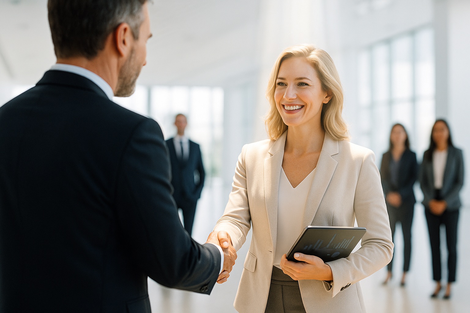 Un dirigeant engage la coach d'entreprise idéale, mise en lumière et sélectionnée pour un partenariat stratégique axé sur la performance.