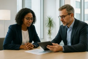 Directrice des Ressources Humaines en discussion avec un coach expert pour mettre en place une solution de développement des talents en entreprise.